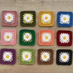 May include: Twelve crocheted squares featuring a daisy design in a variety of colours, including pink, green, yellow, blue, and brown.