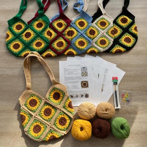 Kit para tejer a crochet un bolso de mano con forma de girasol: incluye el patrón del cuadrado de la abuela, hilo y aguja de crochet.