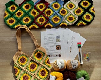 DIY Crochet Sunflower Tote Bag Kit: Granny Square Pattern, Yarn& Hook Included