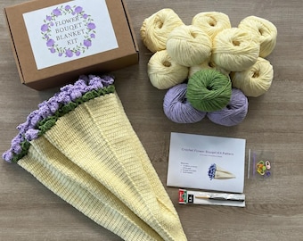 Crochet Bouquet Blanket Kit: Beginner DIY Throw with Pattern, Yarn & Hook