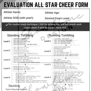 Op de afbeelding: Een zwart-witte checklistformulier voor het evalueren van all-star cheerleaders. Het formulier bevat secties voor staand turnen, rennen turnen, stunts, flyers, bases, sprongen en dans/performance. Elke sectie somt de vaardigheden en vereisten op voor de verschillende niveaus.