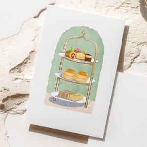 Handgezeichnete englische Nachmittagstee Karte, hausgemacht, Aquarell, High Tea, Kuchenstand, Geburtstag, Denken an Dich, Muttertag, Valentinstag