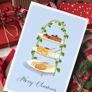 Handgezeichnete Weihnachtskarte, Aquarell Grußkarten, Englischer Nachmittagstee, High Tea, Kuchenständer, Handgemacht, Geschenk, kommt mit Umschlag