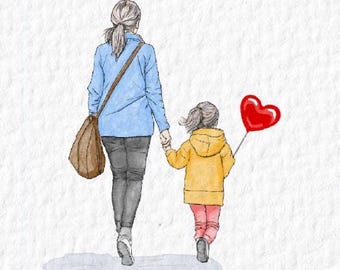 Handmade Watercolor Valentine's Card for Mom: Mother & Daughter