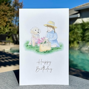 Handgezeichnete Happy Birthday Karte, Aquarell Grußkarte, Selbst gemachte Karte, Mädchen mit Hund, Aquarellmalerei, Geburtstagsgeschenk, Kindergeburtstag