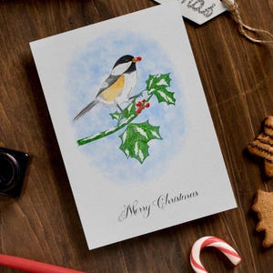 Hand-drawn Christmas Card, Watercolor Greeting Card, Winter Bird Painting, Snow, Berries, Handmade, Gift, comes with envelope