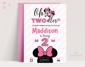 Invitación imprimible para fiesta de cumpleaños de Minnie Mouse (editable en Canva)