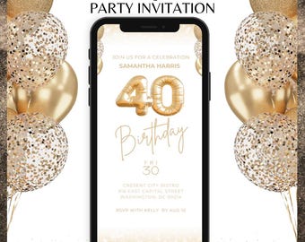 40. Geburtstag Gold Ballon Einladung: Bearbeitbare Canva Evite, Digital Party Vorlage Sofort-Download