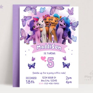 Faire-part d'anniversaire modifiable My Little Pony | Invitation fête mon petit poney | Invitation thème fille pourpre | Télécharger le modèle imprimable