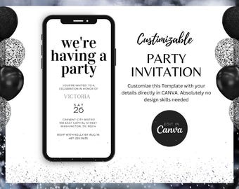 Bewerkbare sjabloon verjaardagsuitnodiging: moderne feestavond (digitaal)
