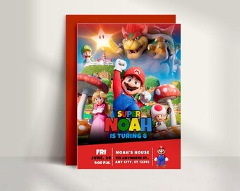 Super Mario-verjaardagsuitnodiging | Afdrukbare Mario-feestuitnodiging | Bewerkbare canvassjabloon