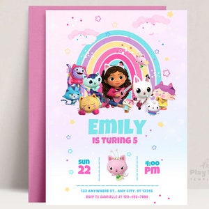 Gabby's poppenhuisuitnodiging - kinderverjaardag, verjaardag poppenhuis, bewerkbare sjabloon, uitnodiging poppenhuisfeest, digitale uitnodiging