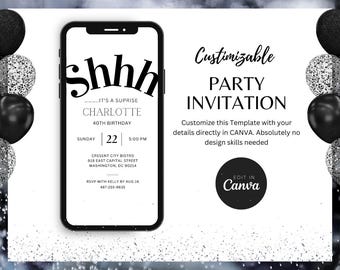 Shhh Surprise Birthday Invitation: Editable Canva Template, Digital Party Evite Instant Download