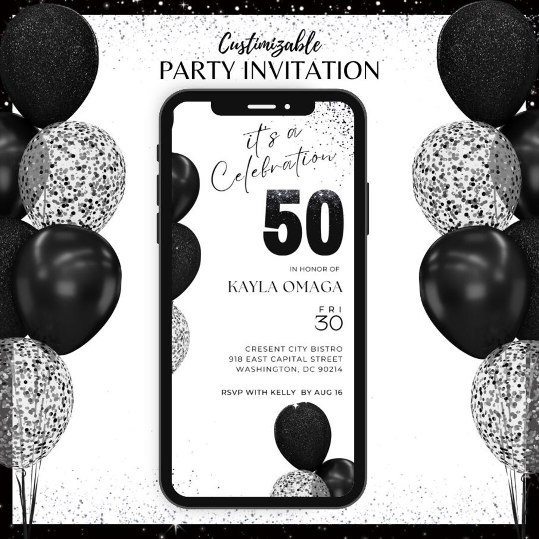 Simple 50th Birthday Invitation: Editable Canva Template Digital Party Simple 50th Birthday Invitation: Editable Canva Template Digital Party