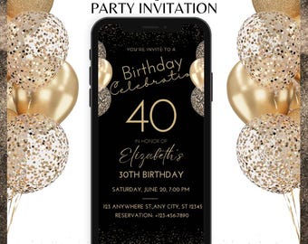 Mobile 40 Text Geburtstagseinladung: Bearbeitbare Canva Evite, Digital Party Vorlage Sofort-Download