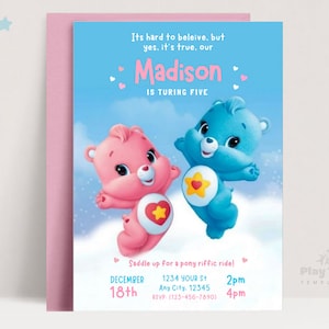 Editable Birthday Party Invitation, Digital Invitation, Birthday Invite, Cute Bear Birthday Party Invite, Printable Care Bear Invite