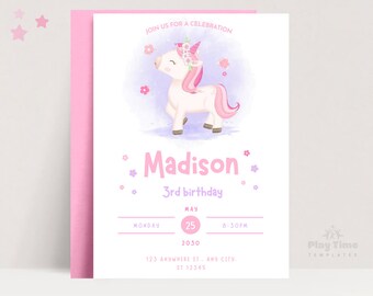 Può includere: Un unicorno rosa e bianco con una corona di fiori su uno sfondo viola. Il testo "Madison 3rd birthday" è scritto in lettere rosa. La data è il 25 maggio 2030 e l'ora è 20:30. L'invito è per una festa di compleanno.