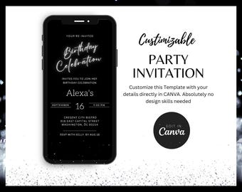Sjabloon Birthday Evite: bewerkbare Canva-feestkaart, digitale uitnodiging downloaden