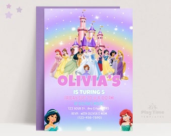 Prinzessin Geburtstagskarte | Partyeinladung für Mädchen (bearbeitbar in Canva)
