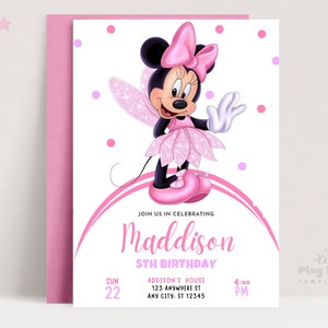 Bewerkbare Minnie Mouse uitnodiging voor feest - Minnie roze thema uitnodigen - meisje verjaardagsfeestje uitnodiging sjabloon - digitale download