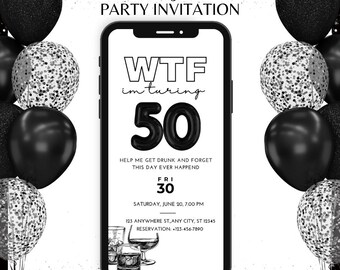Bold WTF 50th Birthday Invitation: Editable Canva Template, Digital Party Evite Download