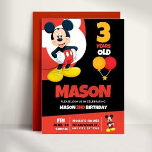 Invitación de fiesta de Mickey, tarjeta de cumpleaños temática de Mickey, plantilla imprimible editable