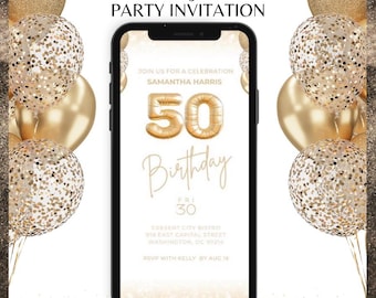 May include: A customizable party invitation displayed on a smartphone screen. The invitation features gold text and a gold '50' balloon design, with the words 'Birthday' and 'RSVP' visible. Gold balloons with confetti and solid gold balloons surround the phone.