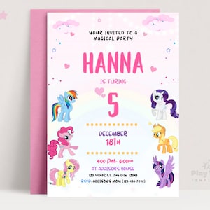 Bewerkbare My Little Pony-verjaardagsuitnodiging: sjabloon meisjesfeestje (canva, direct downloaden)