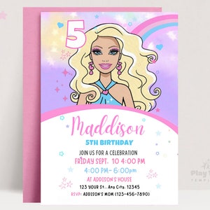 Editable Pink Doll Invitation - Play Doll Birthday, Fashion Doll Party, Printable, Girl Party Invite