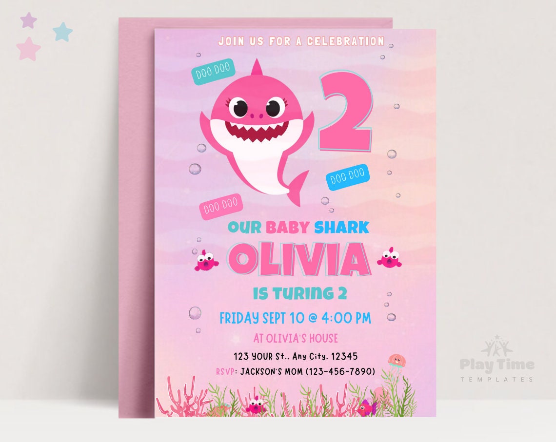 Editable Pink Baby Shark Birthday Invitation - Girl Shark Party, Sea ...