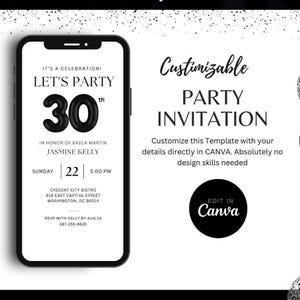 May include: A black smartphone shows a party invitation template. The invitation says "Let's Party 30th" with event details. The design includes the text "Customize this Template with your details directly in CANVA. Edit in Canva."