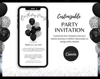 Birthday Party Balloon Invite: Editable Canva Template, Digital Party Evite for Celebration