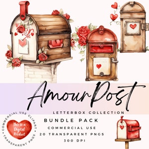 Watercolor Mailbox Clipart: Valentine&#39;s Day Letterbox PNGs (Digital Download)