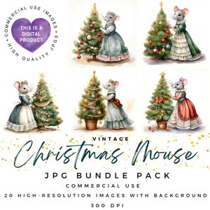 Ratón navideño / Navidad vintage / Paquete de imágenes prediseñadas / Acuarelas JPG de alta calidad / Manualidades navideñas / Ratoncita Navidena / Material para álbumes de recortes