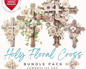 Floral Cross Clipart: Watercolor PNG Religious Graphics (Digital Download)