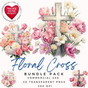 Floral Cross Clipart: Watercolor PNG Bundle, Commercial Use (Digital Download)