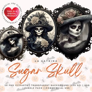 La Catrina Zuckerschädel Clipart-Bundle, kommerzielle Nutzung, digitaler Download (PNG, transparenter Hintergrund)