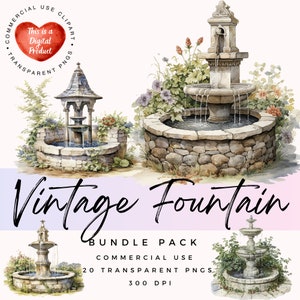 Vintage Fountain Clipart: Watercolor PNGs for Scrapbooking (Digital Download)