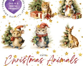 Watercolor Christmas Animals JPG Clipart Bundle, Commercial Use, Digital Download