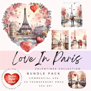 Clipart del día de San Valentín en París / Acuarela de París / Clipart de viajes / Clipart de San Valentín / Clipart PNG / Clipart de París / Uso comercial