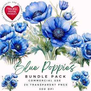 Clipart coquelicot bleu | Clipart fleurs bleues | Fleurs aquarelles | PNG de haute qualité | Scrapbooking | Créations en papier | Journal indésirable | Éphémères
