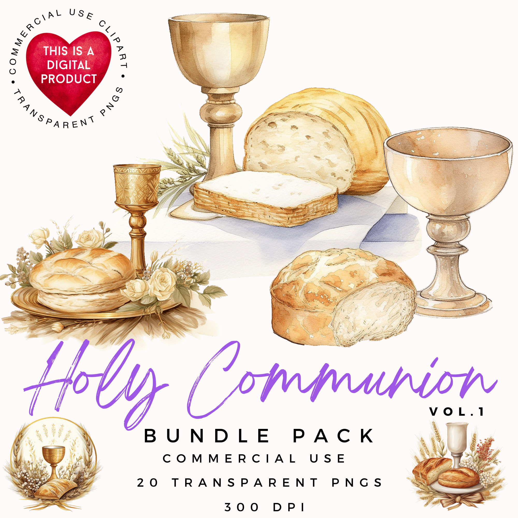 Holy Communion Watercolor Clipart: Religious PNG Graphics (digital ...