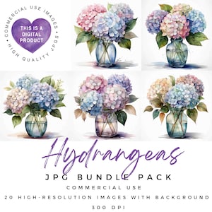 Watercolor Hydrangeas Clipart: Floral JPG Bundle (Digital Download)