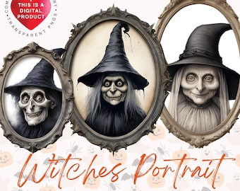 Witches Portrait Clipart Bundle, Commercial Use, Digital Download PNG, Transparent Background