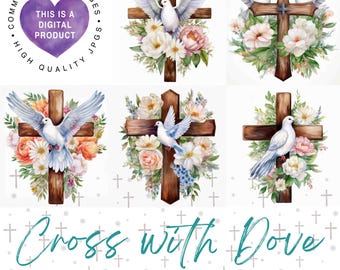 Cross with Dove Clipart Bundle, Religious Clipart, Christian JPG Digital Download
