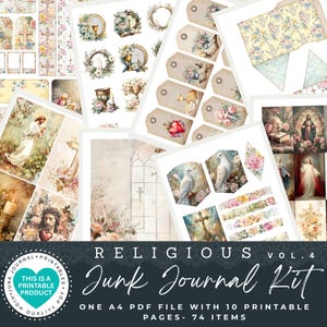 Kit de Diário Religioso | 74 Itens | Papéis de Diário Religioso | Kit de Papel para Scrapbook Digital | Padrões Religiosos | Objetos Efêmeros | Primeira Comunhão | Batismo