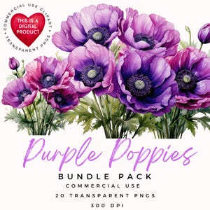 Lila Mohnblumen Clipart | Aquarell Blumen | Lila Blume | Hochwertige PNGs | Scrapbooking | Papiermodelle | Junk Journal | Florale Ephemera