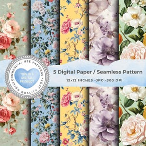 Patrón Repetitivo Floral | 5 Imágenes |Papelería |Papeles Digitales |JPG |Scrapbooking  Patrón de repetición |Imágenes para Imprimir