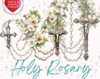 Holy Rosary Watercolor Clipart Bundle,Religious PNG Graphics,Digital Download, Transparent Background