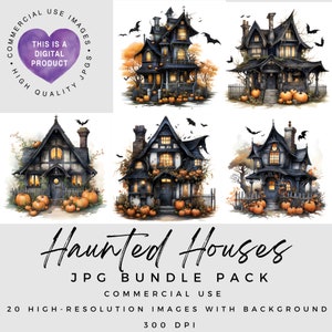 Haunted Houses Clipart: Watercolor Halloween JPGs (Commercial Use)